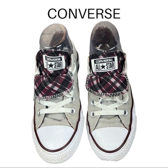 Converse All Stars sz 6 Gray Double Tongue Purple Plaid Shoes 555301F - Picture 1 of 12